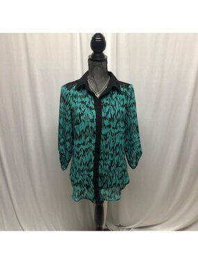 B Design Sheer Blouse Womens Small Size Green Black Blouse Lace Shoulders Top